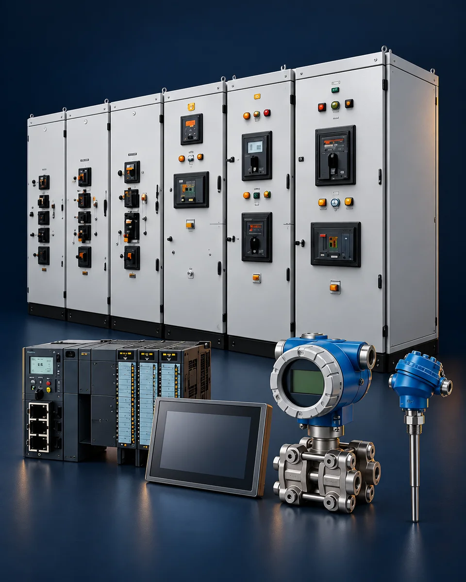 Illustrative product composition featuring electrical switchgear, PLC controls and industrial transmitters