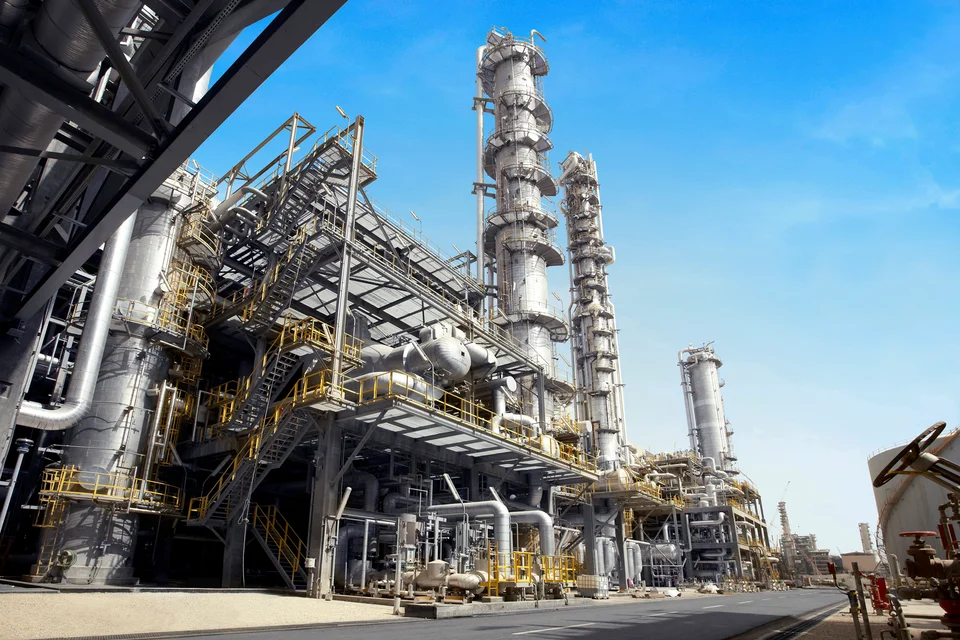 Process towers at a petrochemical plant