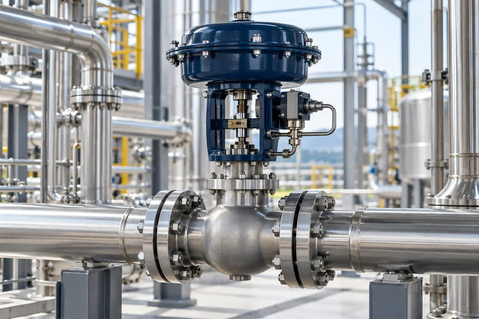 Illustrative view of stainless process piping and control valve