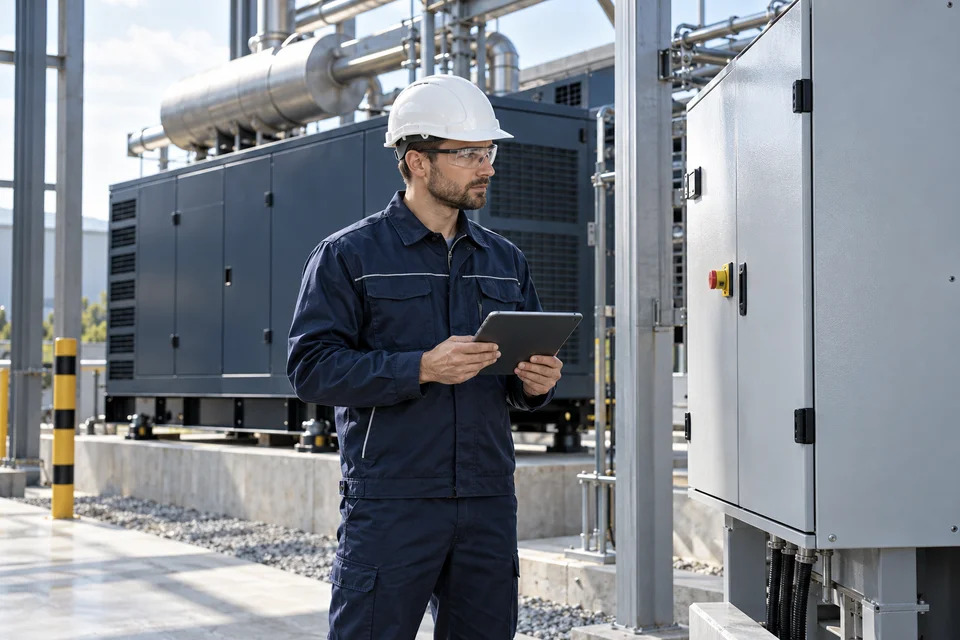 Illustrative view of an engineer reviewing a generator control panel