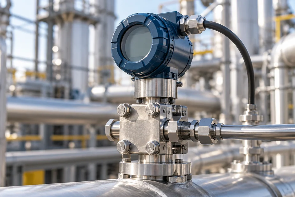 Illustrative close-up of a pressure transmitter and manifold