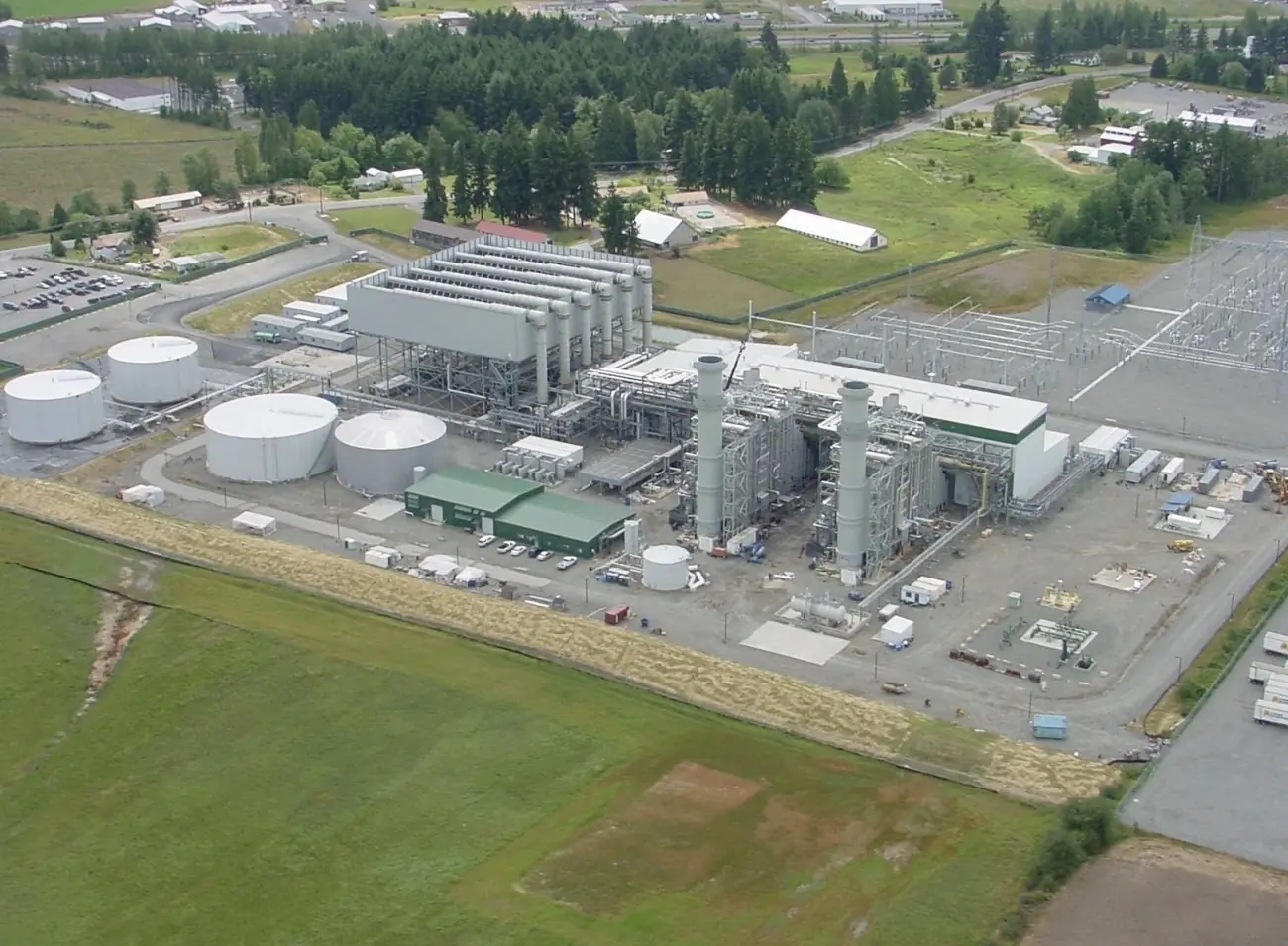 Aerial view of a gas-fired power generation plant with its substation